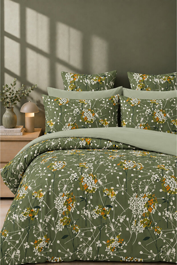 Double Duvet Cover + Pillowcase Green White Floral