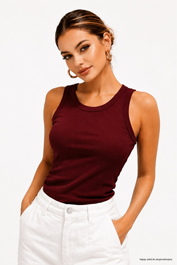 Women's Dark Burgundy Camisole Zero Sleeve Crew Neck Cotton Undershirt