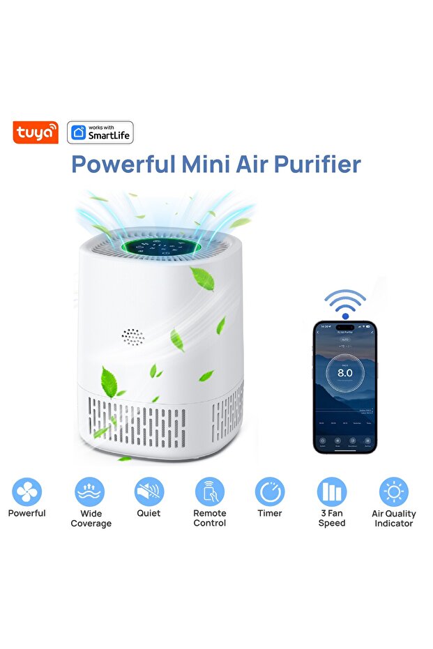 White APPControl PJ07 Pro Tuya Smart Air Purifier, App Control & Timer,24dB 3-Speed H13 HEPA+Carbon,