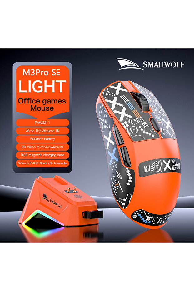 orange M3pro SE 2026 New SMAILWOLF M3 Bluetooth Wireless 3-Mode Gaming Mouse, PAW3311 Sensor, 1KHZ P