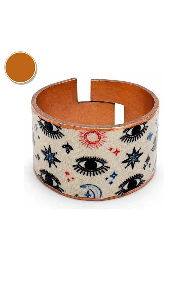 Green Cream Ethnic Thick Copper Ring, Hand-Embroidered Adjustable Model