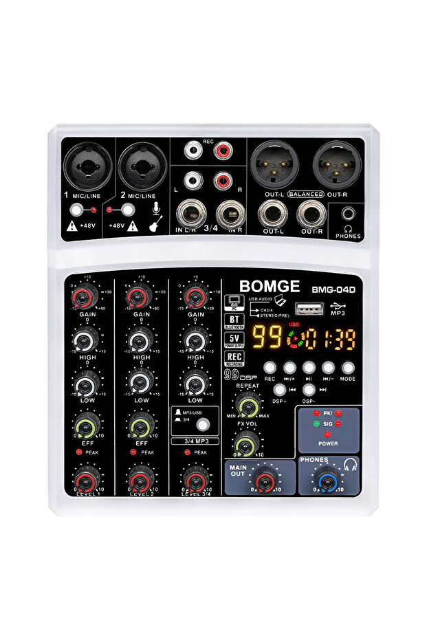 WHITE Audio Mixer BOMGE 4 Channel 99 DSP Effect Mini Audio Mixer Console With RCA Input And XLR Conn