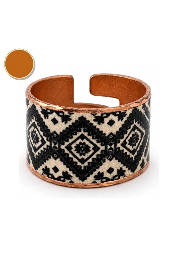 Black and white floral chunky copper ring, adjustable