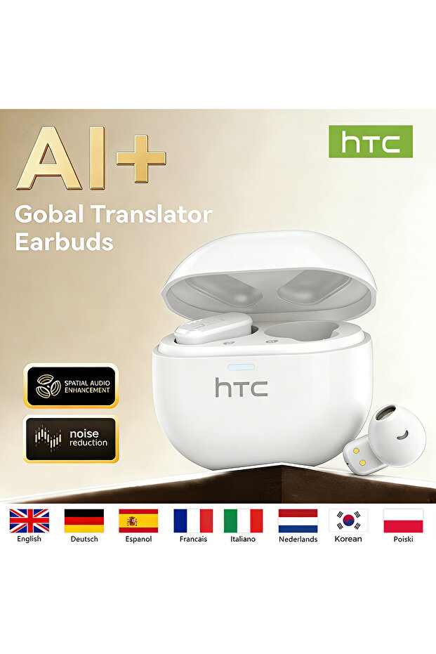 White HTC Bluetooth Earphones TWS Mini EarBuds Sports Wireless Headphones Noise Reduction AI Transla