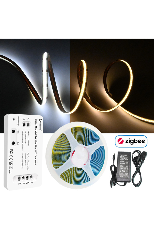 EU Plug 5M Full KIT 5m 10m Mini Zigbee 3.0 COB CCT Led Strip 12V Dual White Dimmable Light Full Kit