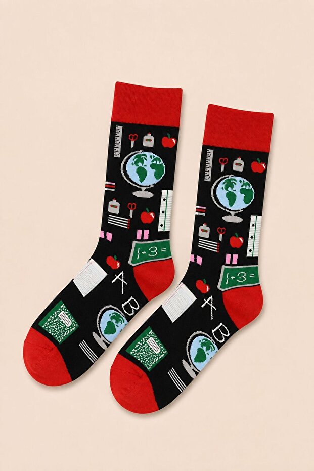 School Themed World Patterned Black Red Unisex Socks 📚 🌍 ❤️