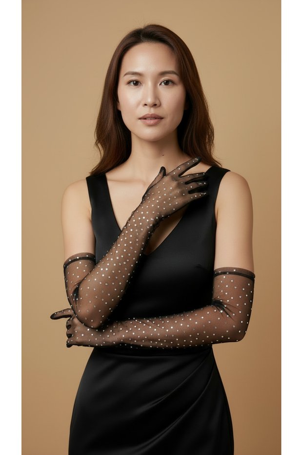 Black Stone Embellished Tulle Long Women's Gloves – Wedding Dress, Bride, Marriage, Wedding, Engagement, Henna, Prom, Event, Party, Henna Night, Costume, Bride, Graduation, Bachelorette Photo Shoot Accessory Gloves