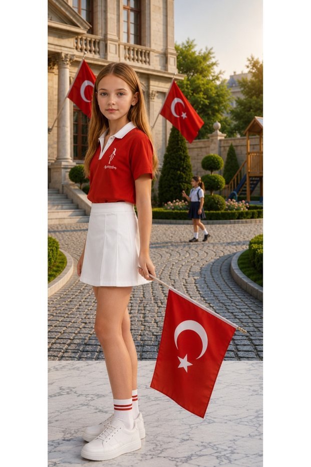 Girl's 2-Piece Set Polo Collar Ataturk Printed T-Shirt Elastic Waist Double Pleated Shorts Skirt 29 October 19 May 23 April Special Day