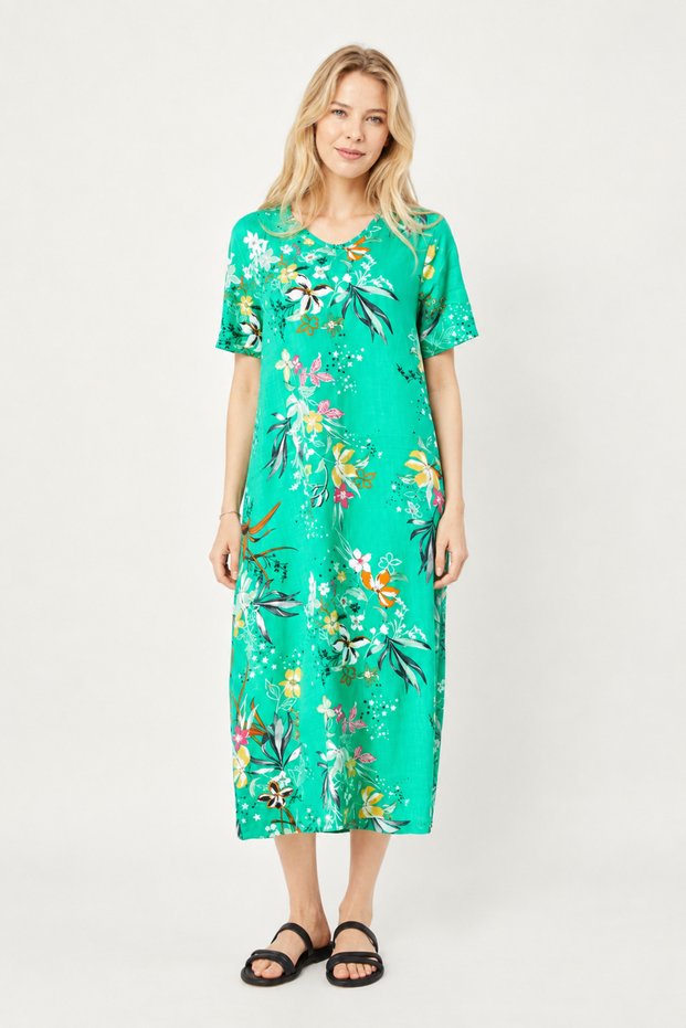 Green Floral Patterned Women's Dress Midi Length Relaxed Cut Summer Casual Dress