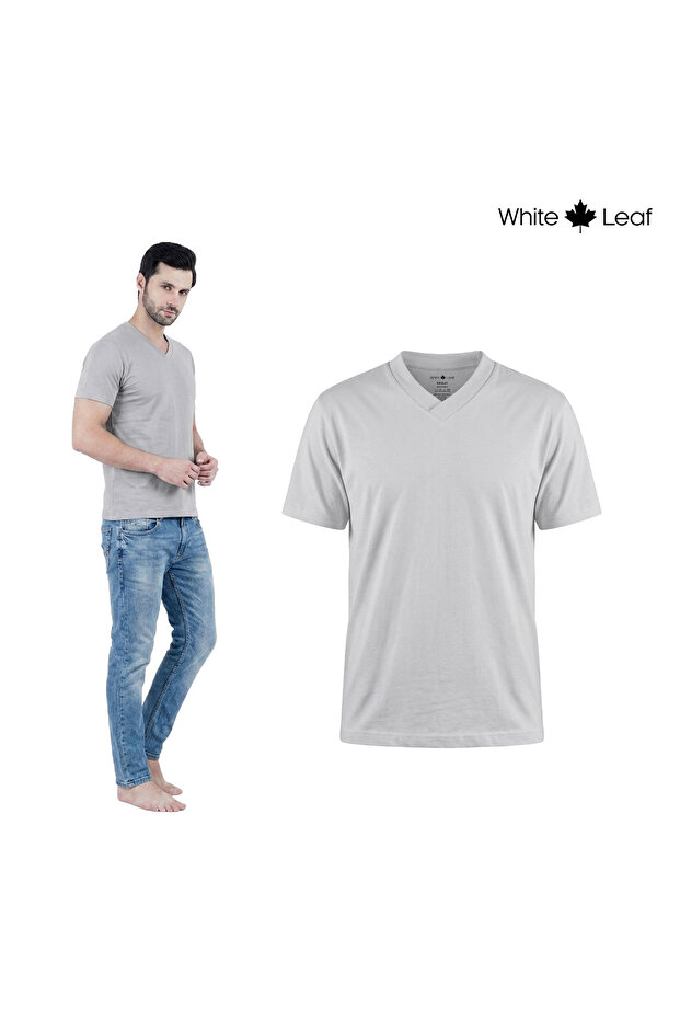 V Neck T Shirt for Men -100% Combed Cotton , Grey