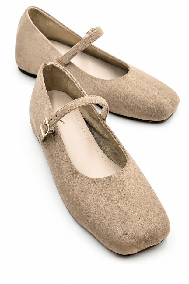 Lily Women's Suede Beige Height-Increasing Flat Toe Buckle Single Strap Ballerina Shoes 4 cm Hidden Heel