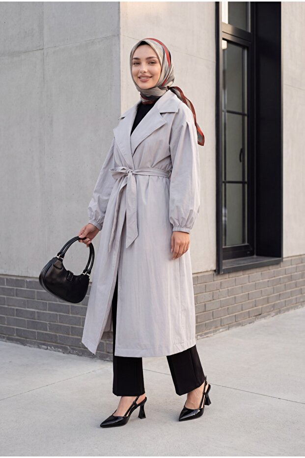 Lined Trench Coat with Elastic Sleeves and Belt -Grey
