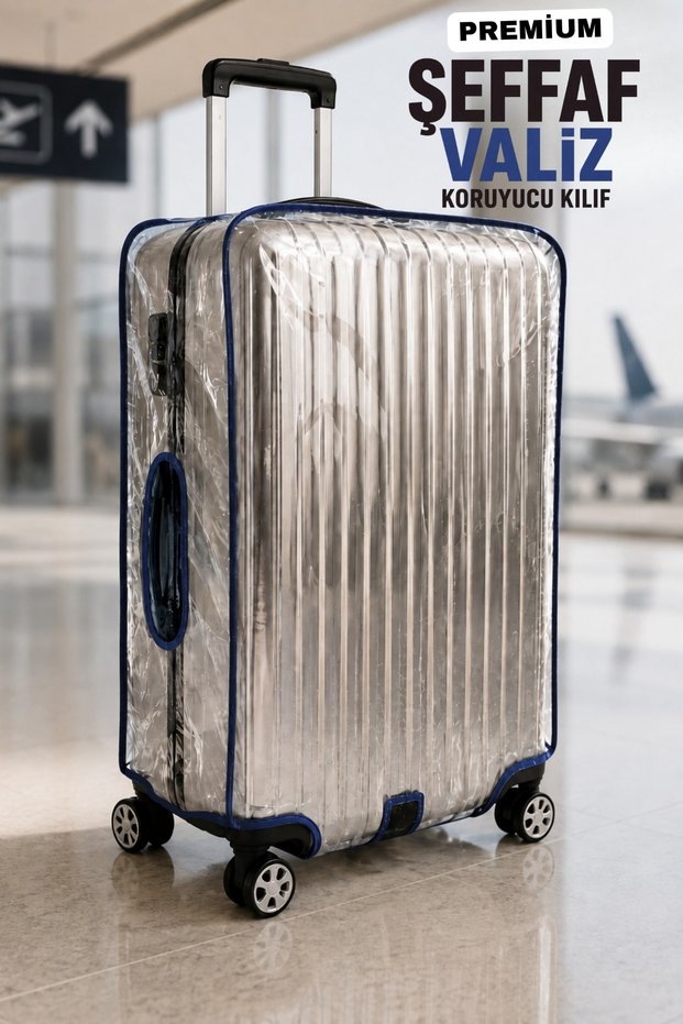 Transparent Pvc Luggage Protective Cover – Navy Blue with Ribbed Design, Velcro Fastening Suitcase Protection Cover