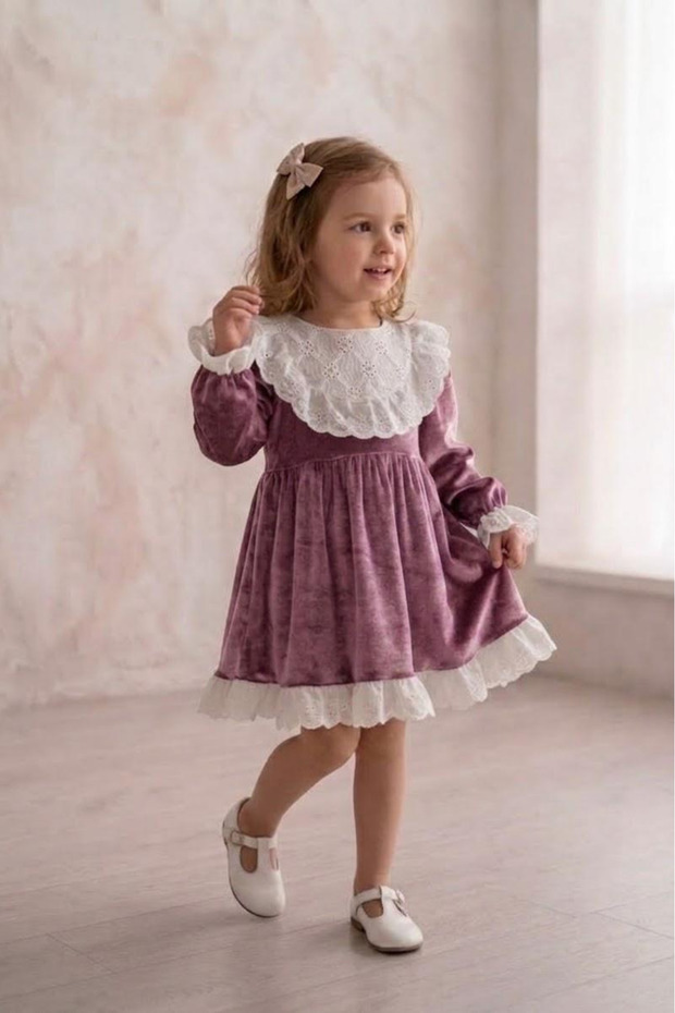 Dusty Rose Velvet Collar Skirt and Lace on the Cuff Girls' Baby Dress-Li̇a