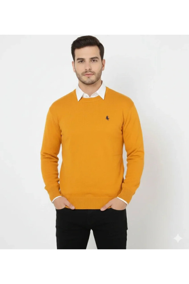 Men's Crew Neck Embroidered Knitwear Sweater Soft Textured Cotton Fine Weave, Long Sleeve
