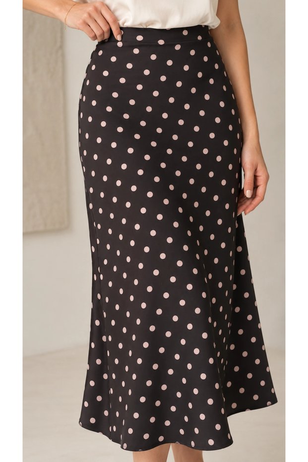 Women's Black and White Polka Dot Modal Fabric High Waist Bohemian Midi Length Loose Skirt