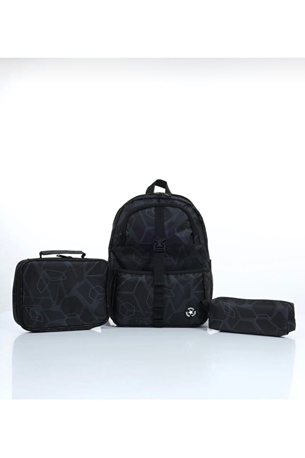 Black Patterned 3-Piece School Bag Set – Primary School Backpack, Lunch Bag, and Pencil Case 7020