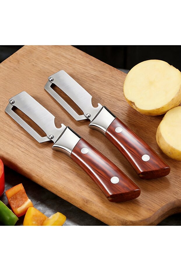 Wood Color-2pcs 2pcs Multifunctional Stainless Steel Vegetable Peeler, 2-in-1 Kitchen Tool with Bott
