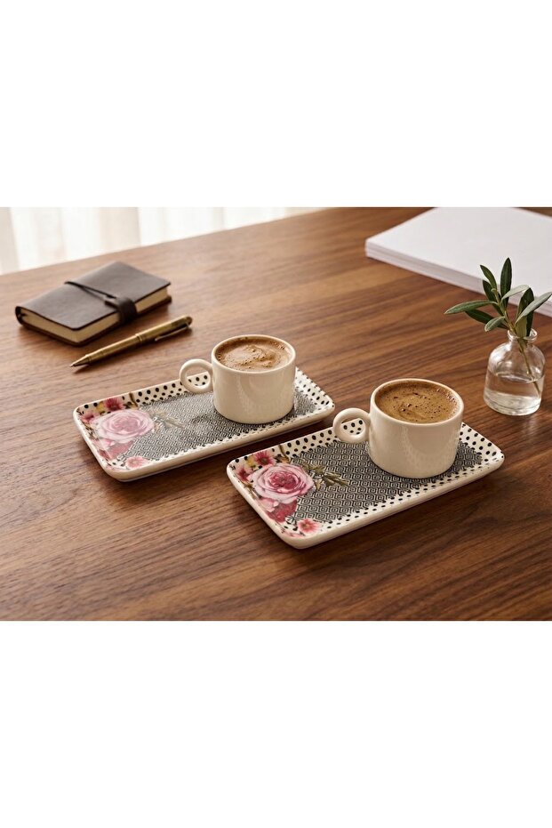 Double Porcelain Coffee Cup Set with Special Design Rose Pattern – Rectangular with Turkish Delight Container / Presentation Container