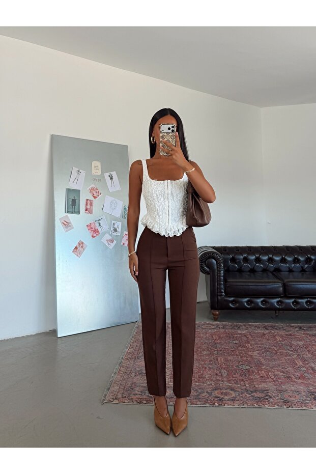 Elastic Waist Striped Trousers - Bitter Coffee