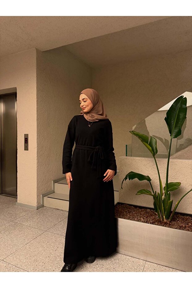 Selanik fabric basic belted long dress
