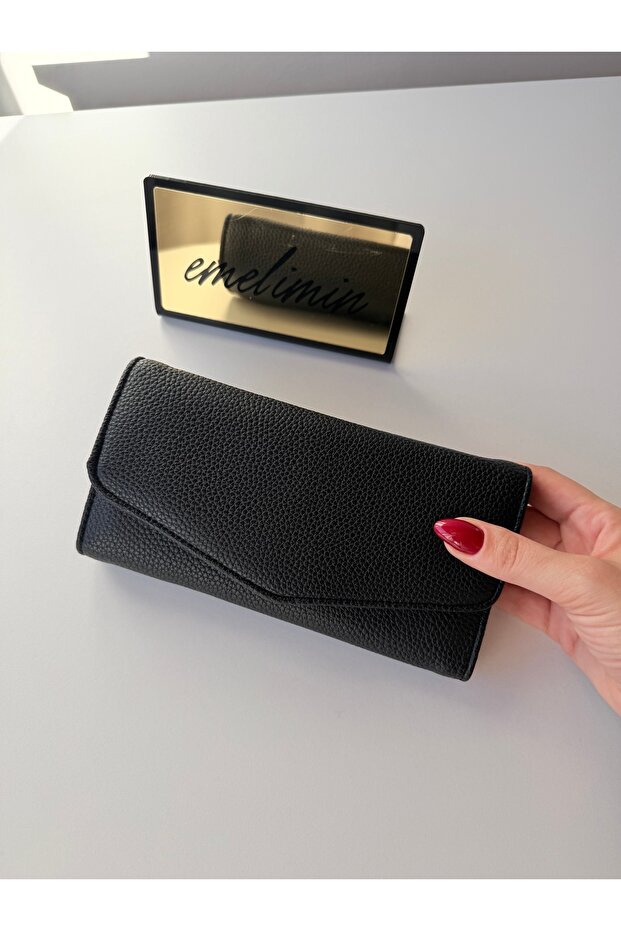 Women's Black Multi-Compartment Snap Fastener Zipper Card Holder Compartment Leather Look Long Wallet