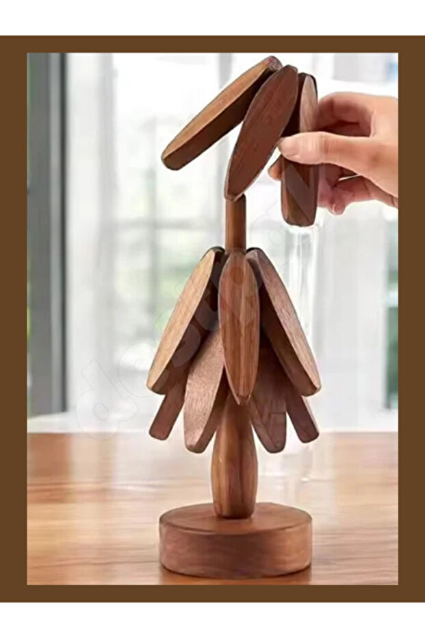 Acacia Wood Shaped Bamboo Coaster with 4 Coasters Practical Folding Bamboo Coaster