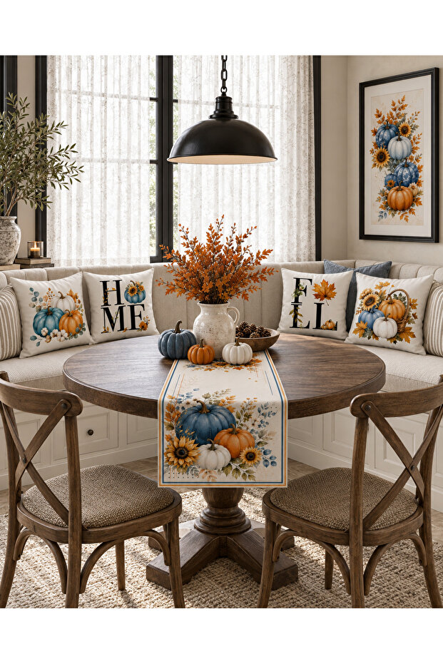 Blue Pumpkin and Autumn Themed 4-Piece Throw Pillow Cover Runner Set