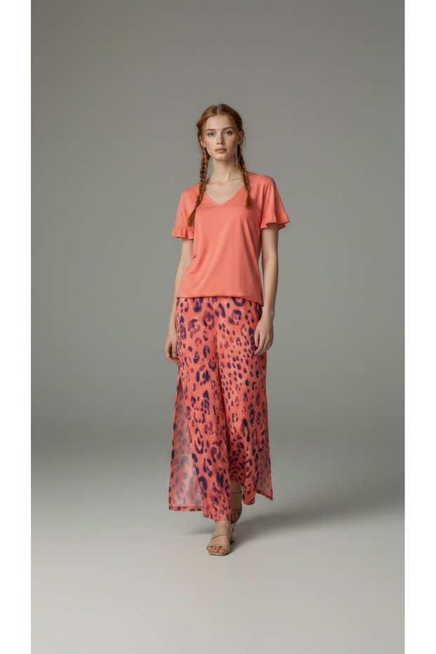 Combed Cotton Woven Suit Ruffle Sleeves V-Neck Koral Top Leopard Pattern Slit Loose Trousers