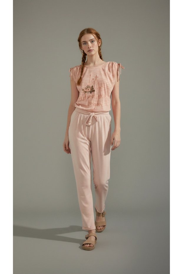 Combed Cotton Sports Set with Embroidered Drawstring Shoulders, Beige Top, Belted Carrot Pants, Home Wear Set