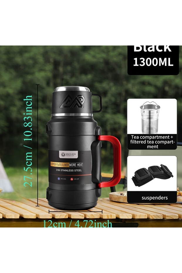 Black-1300ML Stainless Steel Thermos Bottle with Handle Outdoor Portable Large Capacity Thermal Wate