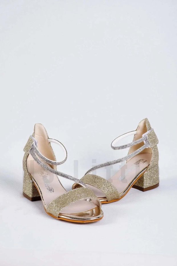 Girls' Stoned Ankle Velcro Evening Dress Shoes, Girls' Heeled Shoes — Gold
