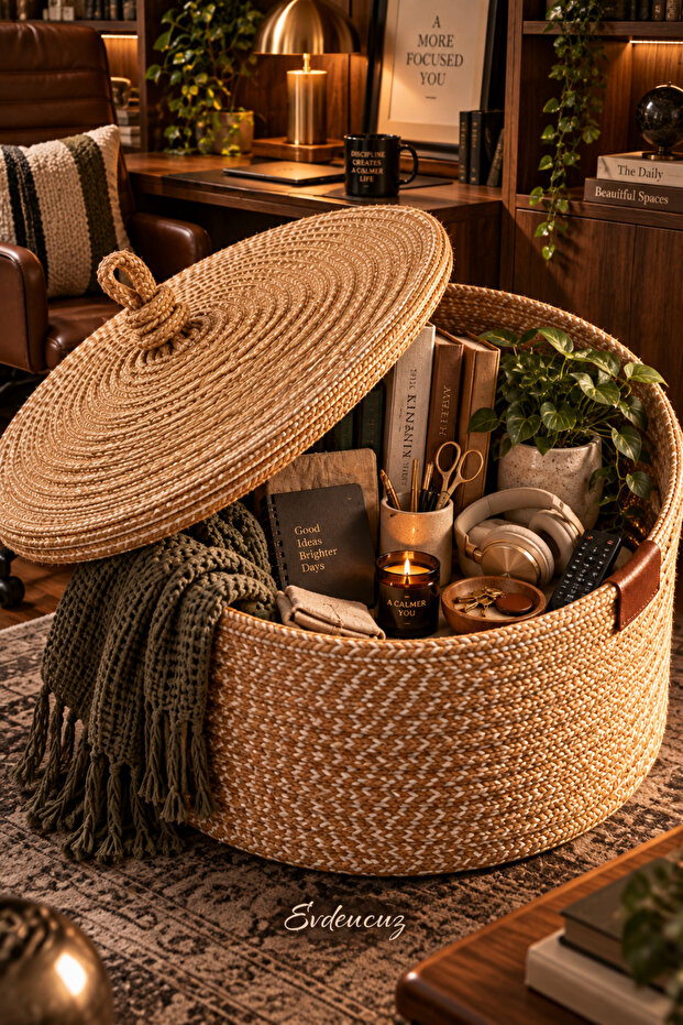 Natural Jute Drawstring Wicker Lid Basket – Kitchen, Bathroom, and Decorative Multi-Purpose Organizer | 30X30X20