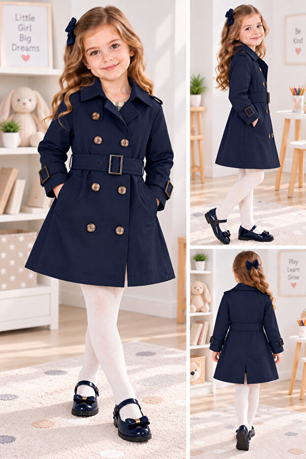 Girl's Trench Coat with Belt, Buttons, Stylish Pockets, Seasonal Coat