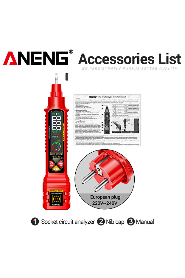 ANENG Red EU Plug ANENG VD808 Socket Power Tester Line Detection AC/DC Voltage Measuremen Polarity L