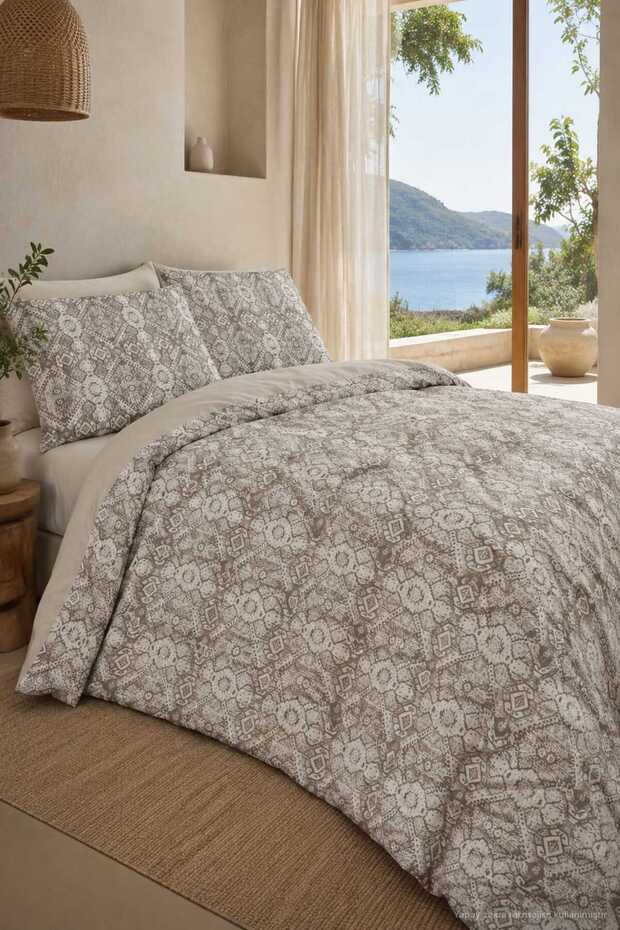 Easy-Iron 150X200 Double Duvet Cover Set (Fitted Sheet, Quilt Cover, Pillowcase) Beige Patterned