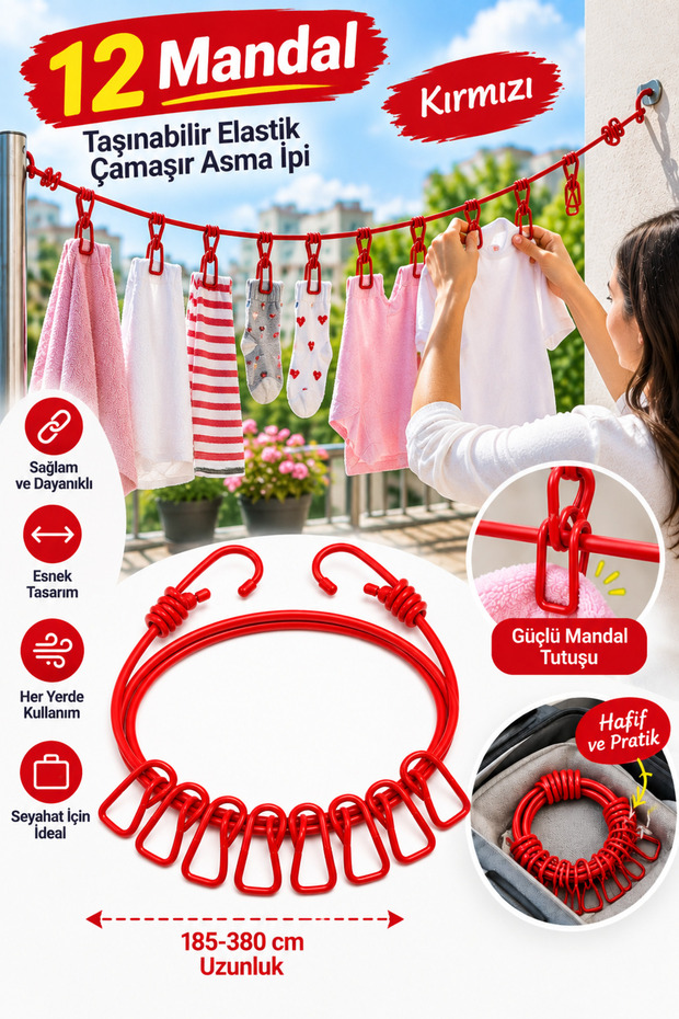Portable Elastic Clothesline with 12 Pegs 185-380 cm Length Practical Clothesline