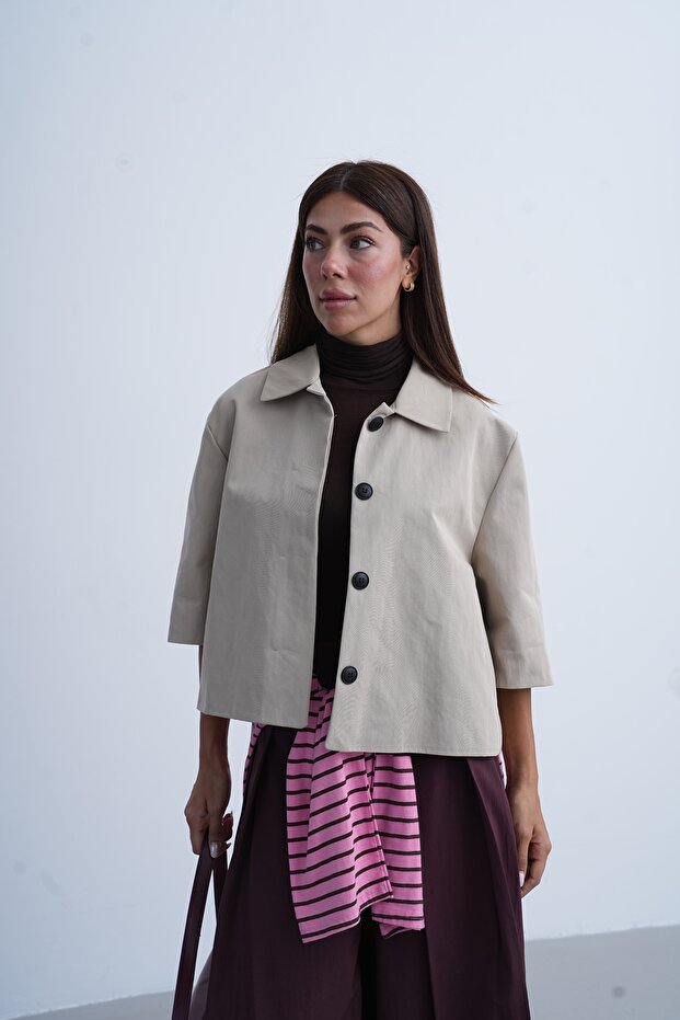 Women's Beige Hidden Button Half Sleeve Jacket