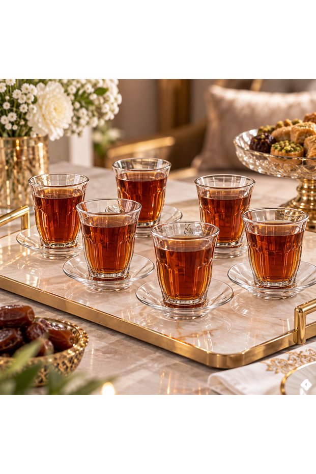 طقم شاي زجاجي مكون من 6 أكواب و6 أطباق