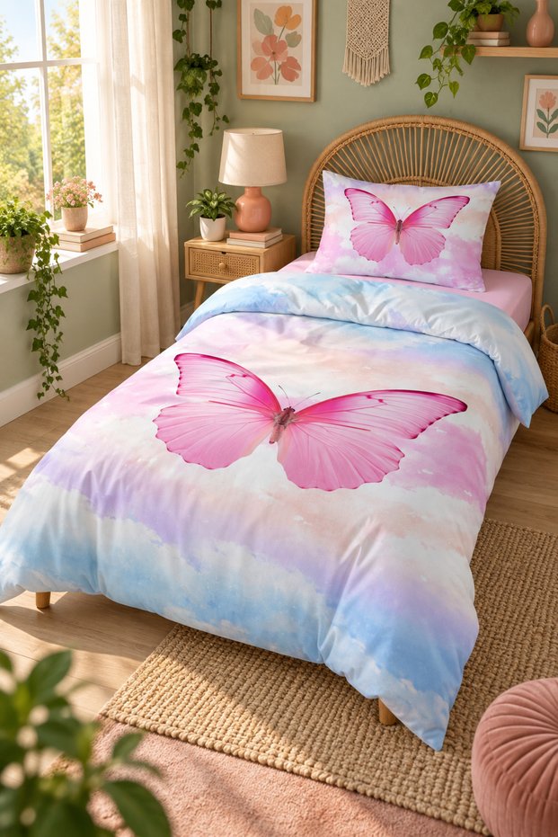 Double Sided Butterfly Patterned - Printed Single Duvet Cover Set