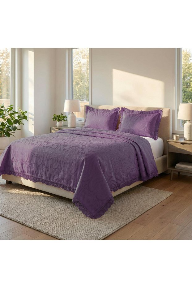 Tulip Polyester Cotton Chenille Plum Bedspread Double. 3 Pieces-1447