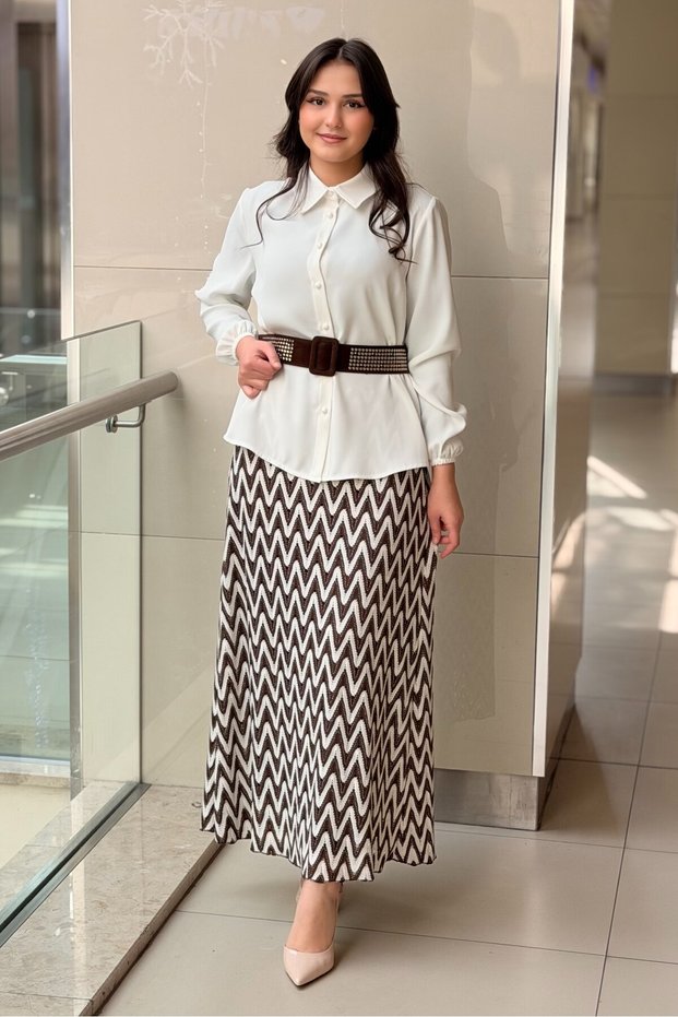 Fuat Gürşen Wide Belt Shirt and Zigzag Skirt Set