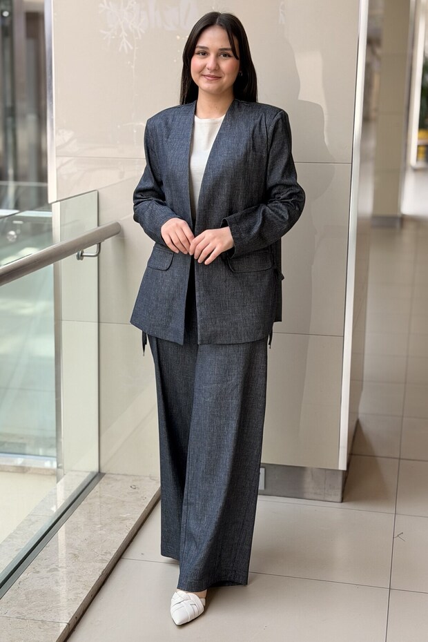 Elastic Backed Wide-Leg Denim Linen Trousers