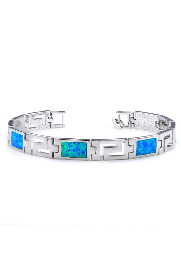 18-20cm Blue Greek Key Opal Bracelet, Silver Color Chain with Iridescent Blue Synthetic Opals, Elega