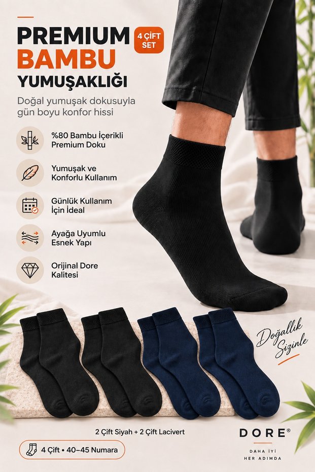 Original Men's 4-Pair Premium Bamboo Soft Textured Ultra Flexible Throat Structure Breathable Reinforced Heel Durable Toe 4-Season Suitable for Daily Use Half-Toe Socks Set | 4 Colors 40-45 Size