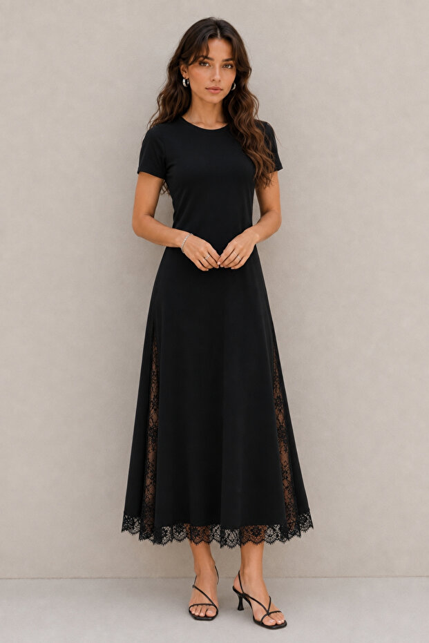 Women's Short Sleeve Crew Neck Side Slit Lace Detailed Long Viscose Dress