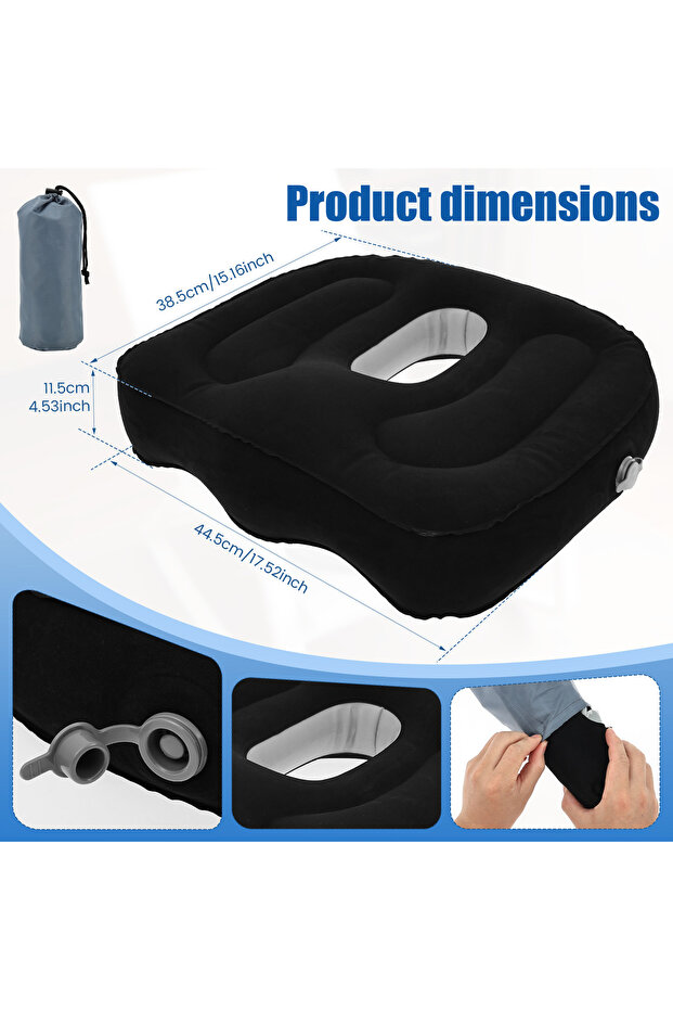 Black-1Pc Inflatable Seat Cushion High Elasticity Perforated Pressure Ulcer Cushion Portable Office