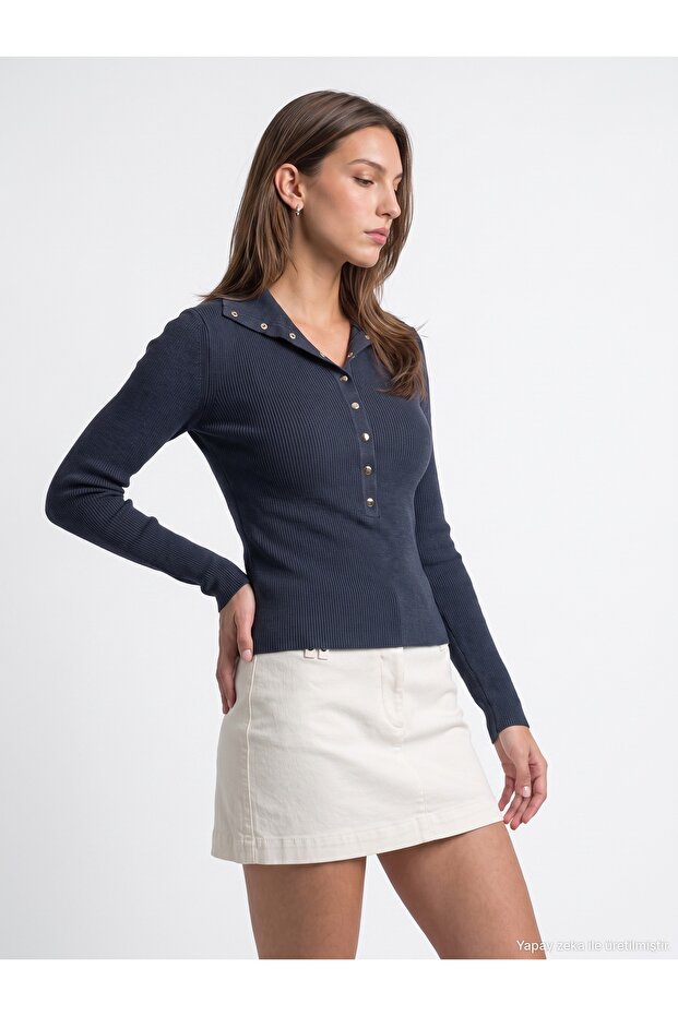 10686 Stand Collar Snap Fastener Sweater-Indigo