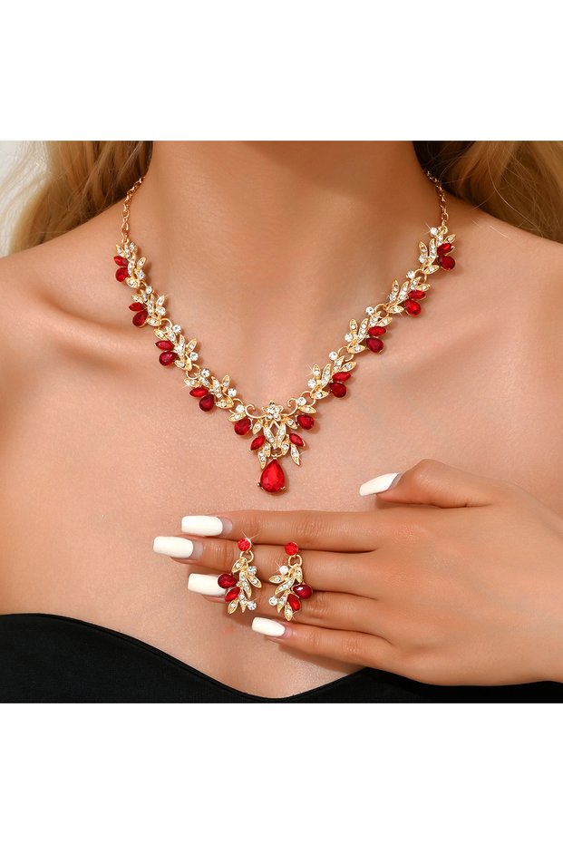80827403-Red 3PC Women's Trendy Claw Chain Series Leaf Droplet Necklace Earrings Jewelry Set Wedding
