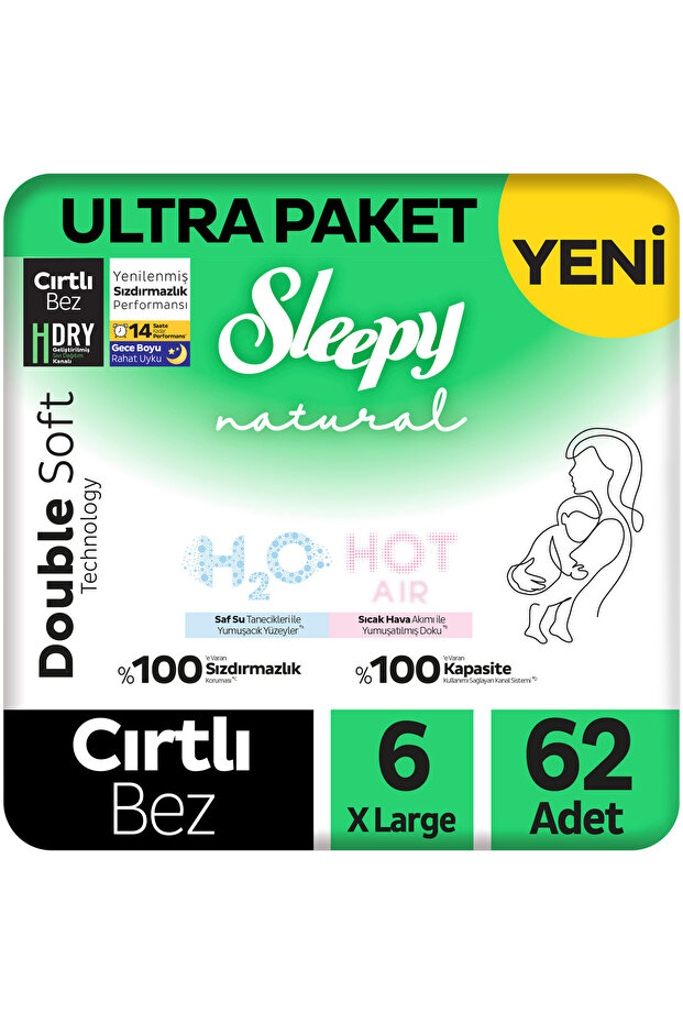 Natural Double Soft Ultra Baby Diaper Package Size 6 Xlarge 62 Pieces
